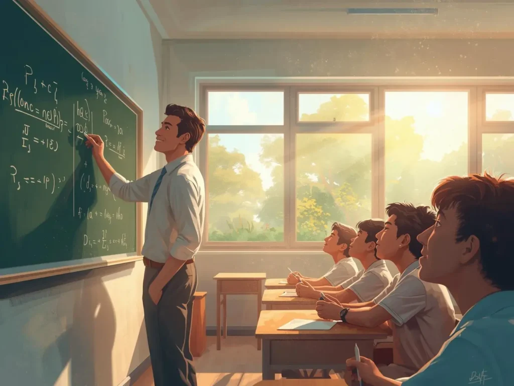 Male teacher writing on board in realistic classroom.