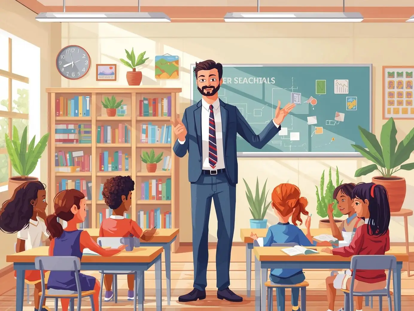 books, plants, and charts visible, balanced