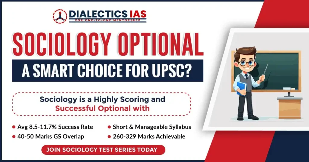 Sociology Optional as a smart choice for UPSC Mains highlighting success rate, GS overlap, and manageable syllabus at Dialectics IAS.